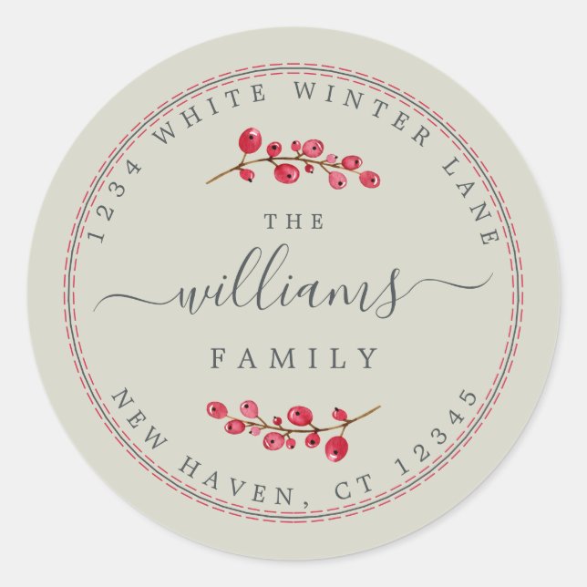 Christmas Berries Green Family Return Address Classic Round Sticker (Front)
