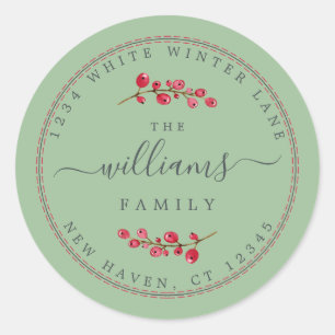 Christmas Berries Green Family Return Address Classic Round Sticker