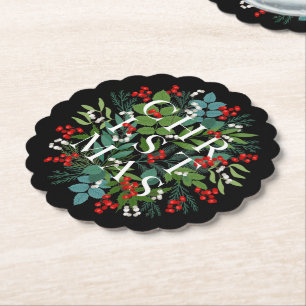 CHRISTMAS Berries Greenery Holiday Black Paper Coaster