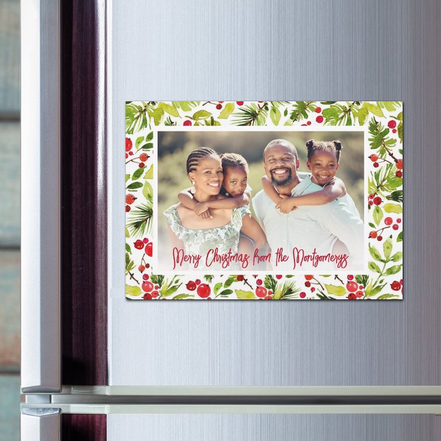 Christmas Berries & Greenery Photo Magnetic Cards (Red berries and greenery photo magnetic Christmas cards)