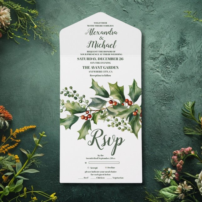 Christmas Berries & Pine Wedding All In One Invitation (Creator Uploaded)