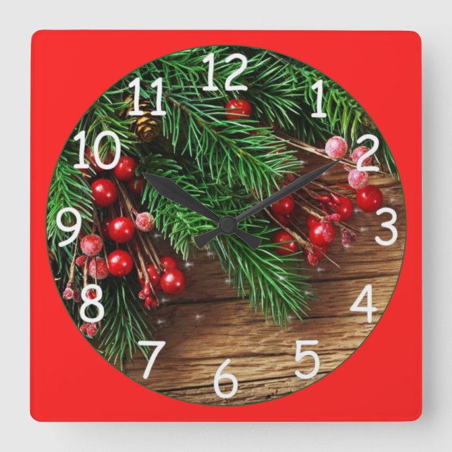 Christmas Berries Square Wall Clock (Front)