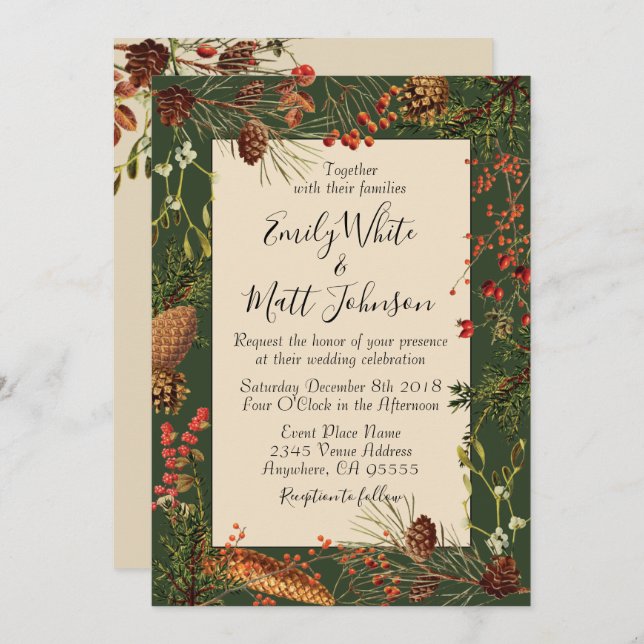 Christmas Berries Wedding Invitation in Green (Front/Back)