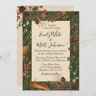 Christmas Berries Wedding Invitation in Green