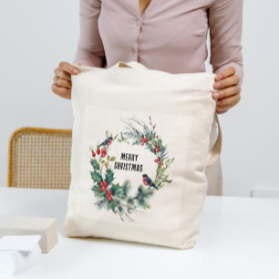 Christmas Berries Wreath Merry Christmas Typograph Tote Bag