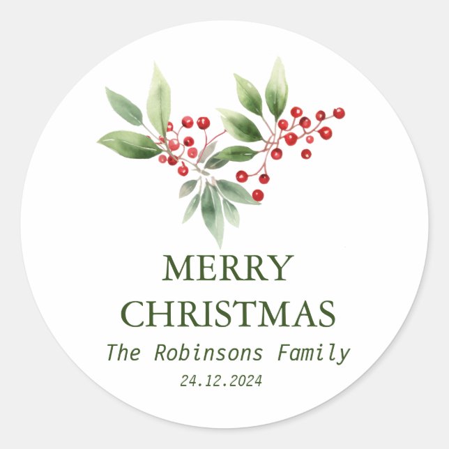Christmas Berry Branch Watercolor Classic Round Sticker (Front)