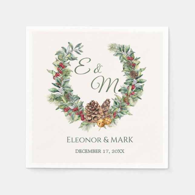 Christmas berry, pine wreath monogram Wedding Napkin (Front)