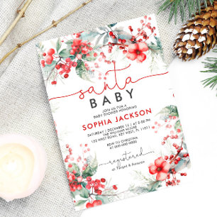 Christmas Berry Santa Baby Shower Invitation