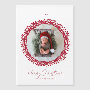 Christmas berry wreath magnet photo card