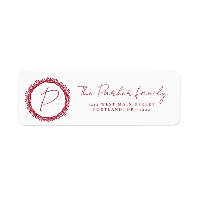 Christmas berry wreath monogram design label return address label (Front)