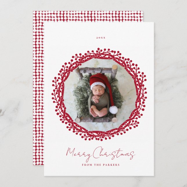 Christmas berry wreath photo card (Front/Back)