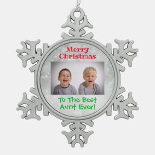 Christmas Best Aunt Ever Kids Photo Snowflake Pewter Christmas Ornament
