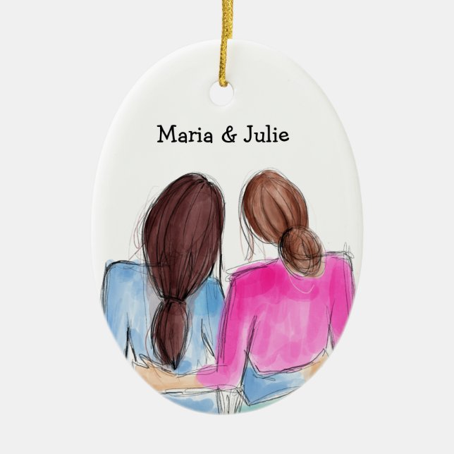 Christmas Best Friend Gift Two brunette girls Ceramic Ornament (Front)