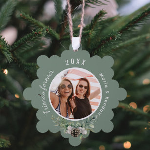 Christmas best friends photo sage green cone pine tree decoration card