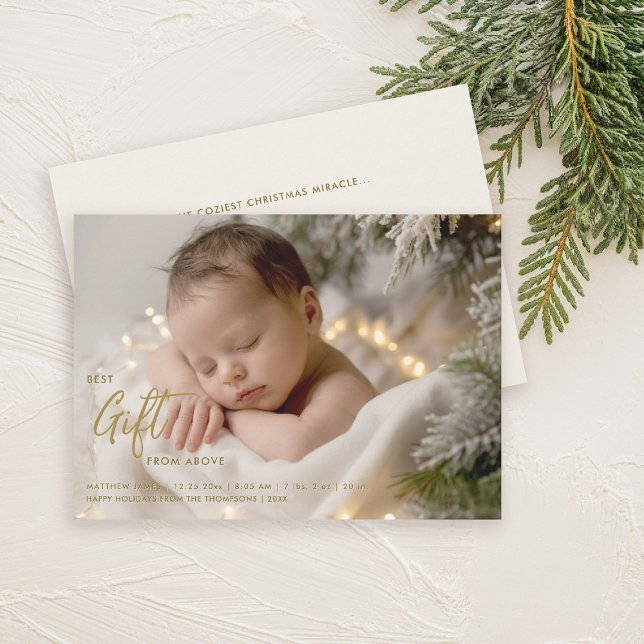 Christmas Best Gift Calligraphy Gold Baby Photo Announcement (christmas family card baby announcement best gift calligraphy simple elegant modern gold)