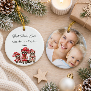 Christmas Best Mum Raccoons Watercolor Photo Ceramic Ornament