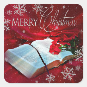 Christmas Bible Christian Square Labels - Red/Snow