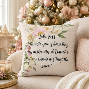 Christmas Bible Verse Jesus Luke 2 Floral Wreath Cushion