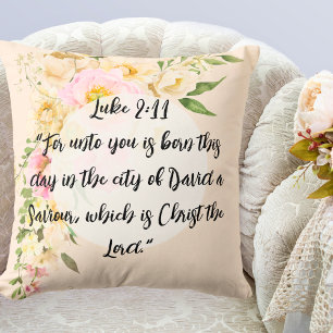 Christmas Bible Verse Jesus Luke 2 Floral Wreath  Cushion