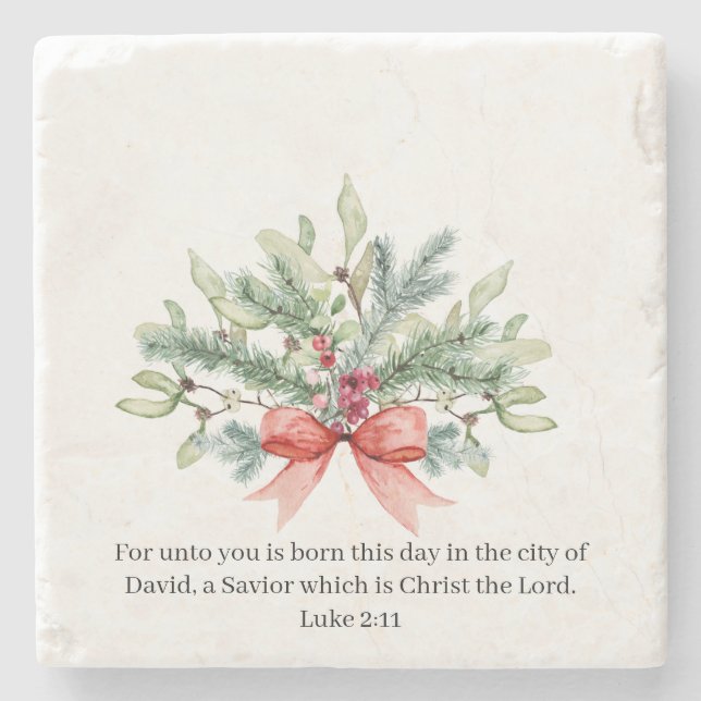 Christmas Bible Verse Watercolor Greenery Holiday Stone Coaster (Front)