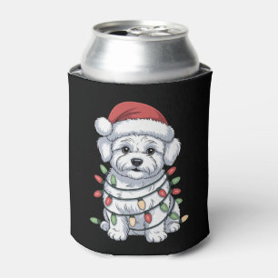 Christmas Bichon Frise Dog Santa Hat Xmas Lights Can Cooler