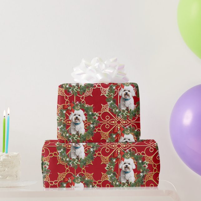 Christmas Bichon Frise On Red Snowflake Background Wrapping Paper (Party Gifts)