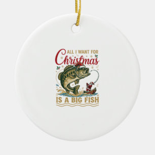 Christmas Big Fish Bass Santa Boat Fishing Ceramic Ornament