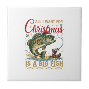 Christmas Big Fish Bass Santa Boat Fishing Ceramic Tile