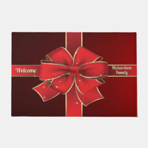 Christmas Big Red Bow Holiday Ribbon Monogram Doormat