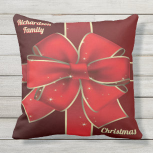 Christmas Big Red Bow Holiday Yule Ribbon Monogram Cushion