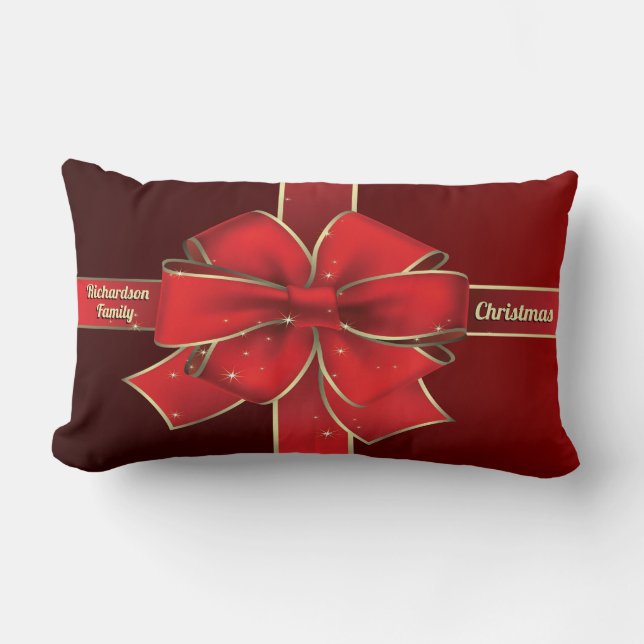 Christmas Big Red Bow Holiday Yule Ribbon Monogram Lumbar Cushion (Front)