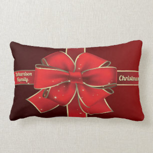 Christmas Big Red Bow Holiday Yule Ribbon Monogram Lumbar Cushion