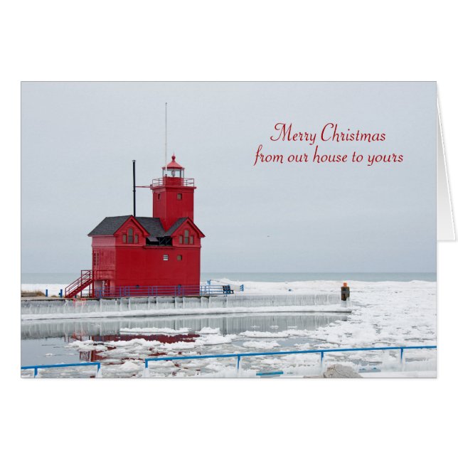 Christmas Big Red Lighthouse in winter (Front Horizontal)