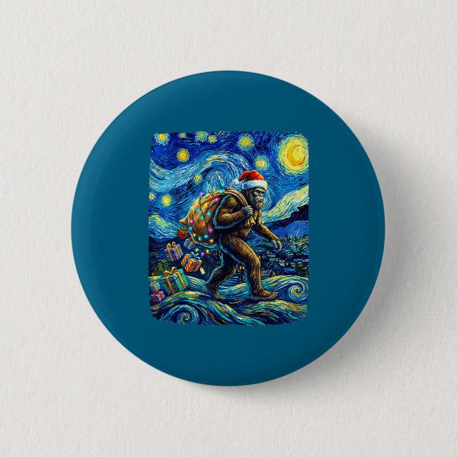 Christmas Bigfoot Santa Hat Van Gogh Starry Night  6 Cm Round Badge (Front)