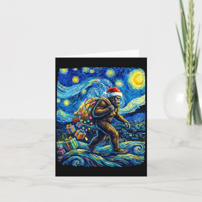 Christmas Bigfoot Santa Hat Van Gogh Starry Night  Card (Front)
