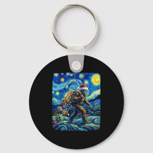 Christmas Bigfoot Santa Hat Van Gogh Starry Night  Key Ring
