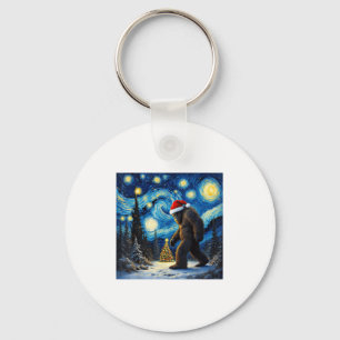 Christmas Bigfoot Santa Hat Van Gogh Starry Night Key Ring