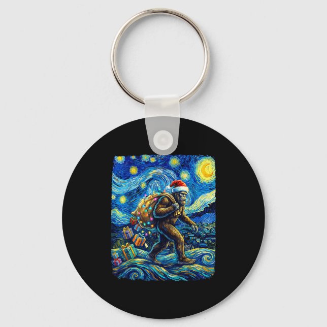 Christmas Bigfoot Santa Hat Van Gogh Starry Night  Key Ring (Front)