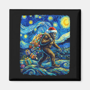 Christmas Bigfoot Santa Hat Van Gogh Starry Night Magnet