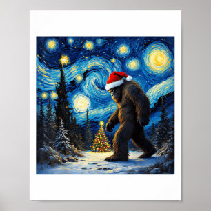Christmas Bigfoot Santa Hat Van Gogh Starry Night Poster