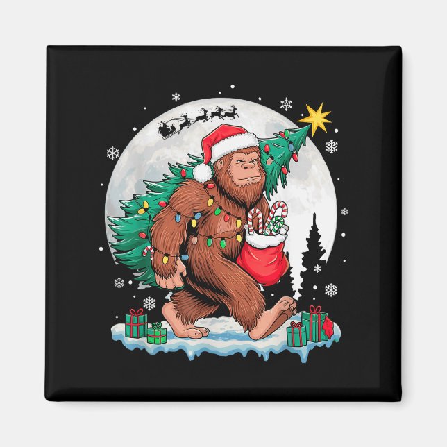 Christmas Bigfoot Santa Tree Sleigh Moon Funny Xma Magnet (Front)