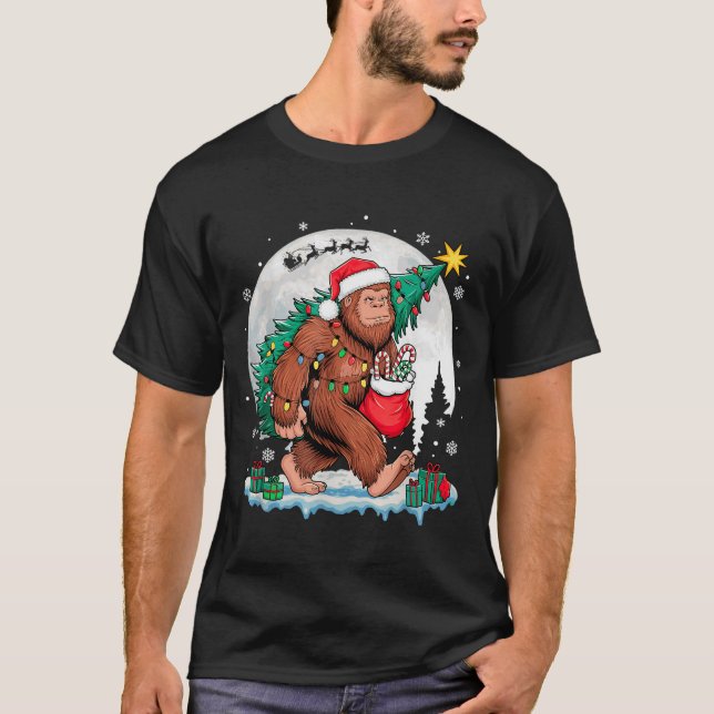 Christmas Bigfoot Santa Tree Sleigh Moon Funny Xma T-Shirt (Front)