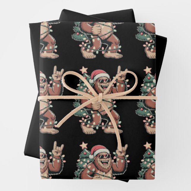 Christmas Bigfoot Sasquatch Santa Hat Xmas Tree Wrapping Paper Sheet (In situ)