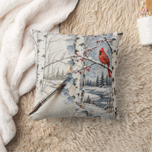 Christmas Birch Forest and Cardinal Painting Cushion