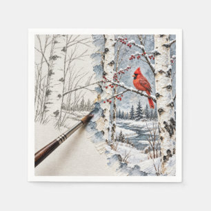 Christmas Birch Forest and Cardinal Painting Napkin