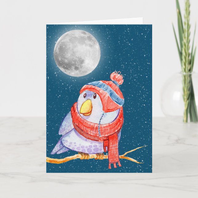 Christmas Bird and Moon with Snowflakes Card (Front)