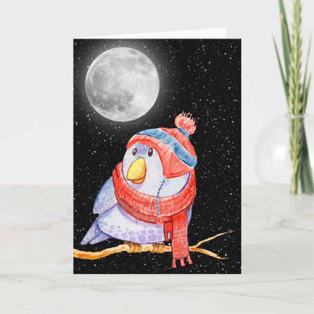 Christmas Bird and Moon with Snowflakes  Card (Front)