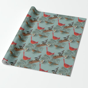 Christmas Bird Cardinal Nuthatch Chickadee Teal Wrapping Paper