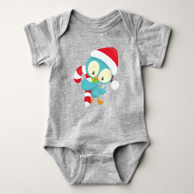 Christmas Bird, Cute Bird, Santa Hat, Candy Cane Baby Bodysuit (Front)