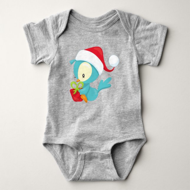 Christmas Bird, Cute Bird, Santa Hat, Gift, Xmas Baby Bodysuit (Front)